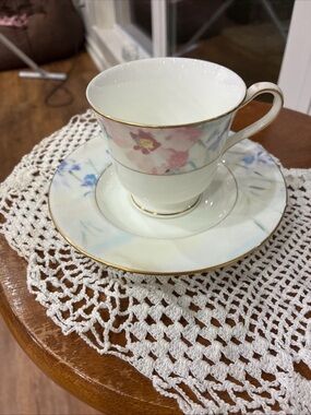 2 Mikasa Floral Porcelain Teacup and Saucer with Gold Trim - White, Pink, Blue